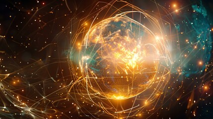 Obraz premium A surreal scene of a giant, glowing orb surrounded by abstract patterns and lines, symbolizing the birth of new ideas and innovation.