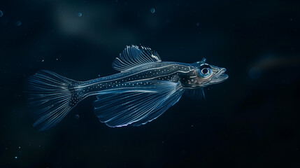 Obraz premium Lanternfish swimming in the depths of the sea, the soft light emitted by the lanternfish illuminates the darkness of the sea, producing a mysterious and amazing atmosph, Ai generated Images