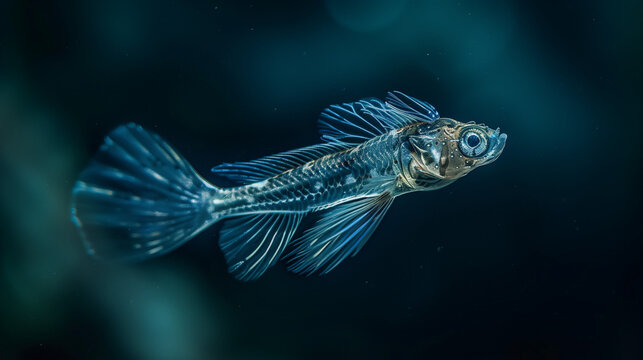 Lanternfish swimming in the depths of the sea, the soft light emitted by the lanternfish illuminates the darkness of the sea, producing a mysterious and amazing atmosph, Ai generated Images