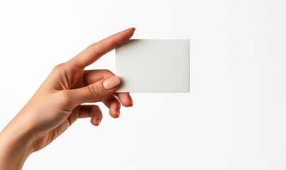 Obraz premium A female hand is holding a white business card