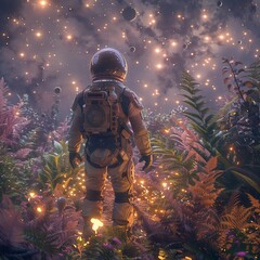 Fototapeta premium Astronaut standing in a surreal, glowing forest under a starry sky.