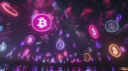 Abstract neon background with glowing cryptocurrency symbols.