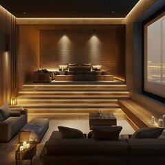 A luxurious home theater room in a modern suburban house, featuring tiered seating, ambient lighting, and a large projection screen.