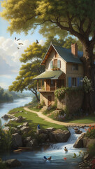 A bird is sitting under a tree a river ai generative photo