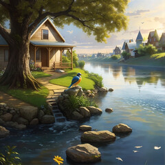 A bird is sitting under a tree a river ai generative photo