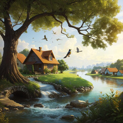 A bird is sitting under a tree a river ai generative photo