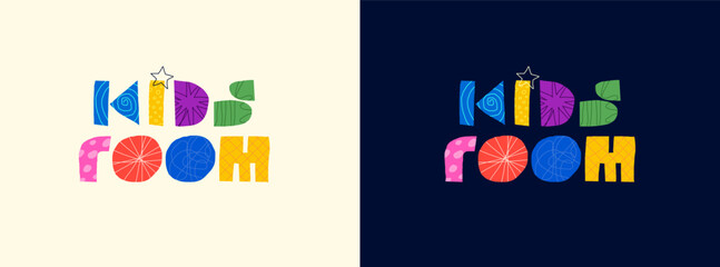 Kids room abstract decorative concept logo. Modern colorful graphic shapes lettering for playroom advertising. Children fun and play place trendy creative sign. Cartoon artistic style eps inscription