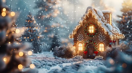 Christmas gingerbread house 3d cartoon, decorating snowfall and lights, forest landscape background, surreal unique dreamlike romantic digital artwork. Holiday festive season family with kids spirit.