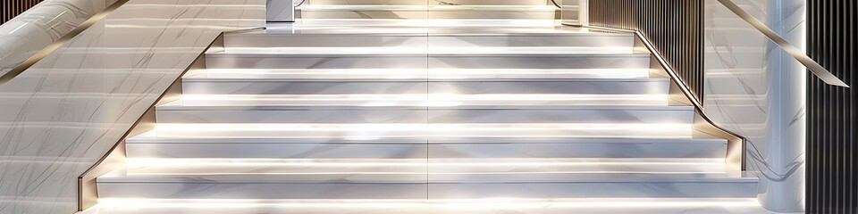 Fototapeta premium A luxury entrance featuring a staircase with a seamless blend of white marble steps and a sleek, stainless steel handrail, with soft, indirect lighting
