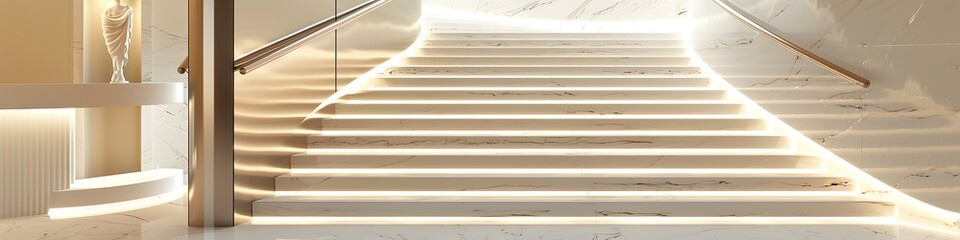 Obraz premium A luxury entrance featuring a staircase with a seamless blend of white marble steps and a sleek, stainless steel handrail, with soft, indirect lighting