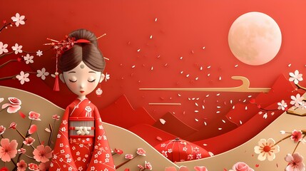 Fototapeta premium Japanese new year greeting card banner wallpaper. Fantasy anime girl in traditional dress kimono, sakura full moon landscape. Fashionable 3d digital artwork cartoon, asian oriental design background.