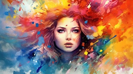 Close up of young beautiful woman portrait with dynamic watercolor splash. Artistic and abstract...