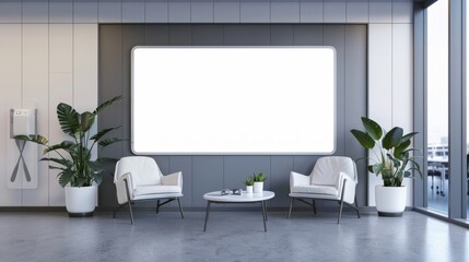 A mockup of an empty white poster on the wall in modern hospital waiting room with comfortable chairs and medical equipment. empty white blank poster on white wall in hospital, white board 