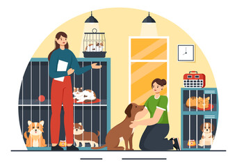Vector Illustration of an Animal Adoption Agency Featuring Adopt a Pet from an Animal Shelter with Cats and Dogs in the Flat Cartoon Background