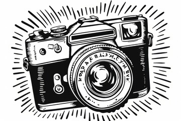 Cartoon cute doodles of a vintage camera capturing candid moments in black and white, Generative AI