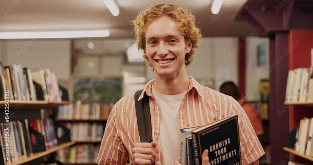 Poster student, man and laughing with books in library for studying, literature research and fun learning f