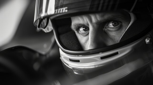 Close up portrait of racing car driver wearing helmet and focusing on driving car. Skilled driver looking forward while sitting in a racing car and looking at camera. Extreme sport concept. AIG42.