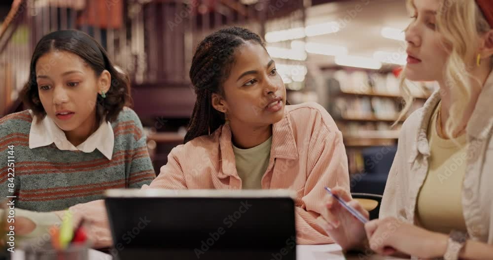Poster tablet, library and students studying with notes for college or university for efficiency. online, k