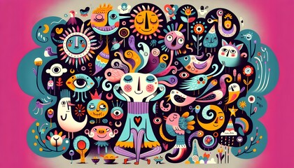 Fototapeta premium ilustración infantil. surrealismo, surrealista, personaje extraño, decoración, saludo, fantasía, cuento, libro de cuentos, variopinto, para niños, arte, designio, ilustración, decoraciones, floral