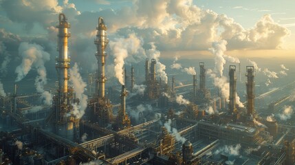 Fototapeta premium An oil refinery with a network of pipelines and towering smokestacks. with heavy machinery working below