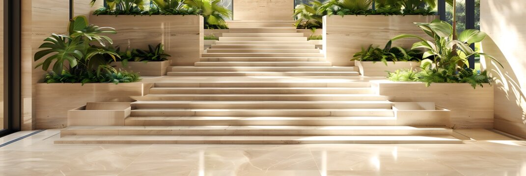 A modern luxury home entrance with a wide staircase made from honed limestone, featuring integrated planters on each landing filled with lush greenery