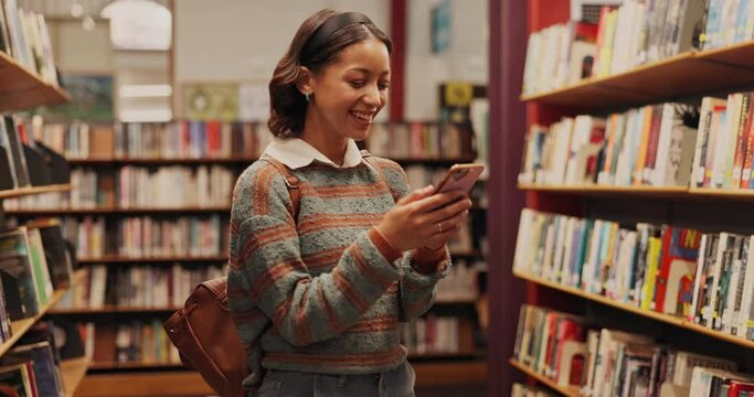 Internet, happy and girl with phone in library for social media, contact and funny notification. Student, laughing and person with technology at academy for education, campus gossip and online post