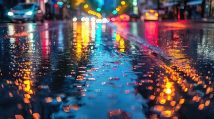 Obraz premium City Street After Rain A wet street reflecting city lights after a rain shower, Super cool and nice background, realistic photo stockphoto style
