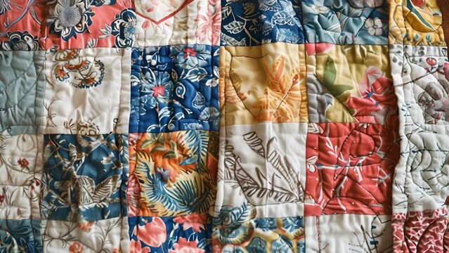 A whimsical patchwork quilt featuring a mix of prints and textures all sourced from repurposed clothing and linens.