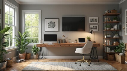 Modern Home Office with Wooden Desk and Grey Walls