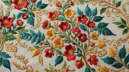 Embroidered Floral Pattern on White Fabric