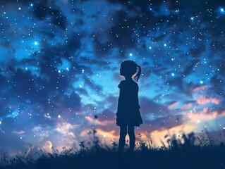 Fototapeta premium Silhouette of a child with a starry night sky