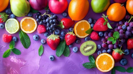 Array of summer fruits on purple background, bright colors, studio lighting, fresh feel,