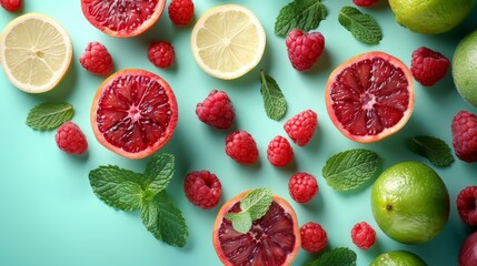 Fresh summer fruits on light mint background, bright colors, studio lighting, refreshing,
