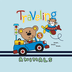 the bear rides in a car and his friend rides in a plane,design cartoon vector illustration