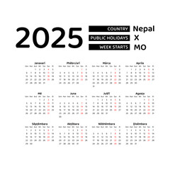 Nepal Calendar 2025. Week starts from Monday. Vector graphic design. Nepali language.