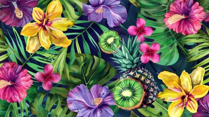 Obraz premium Modern seamless tropical pattern design with kiwi pineapples flowers and watercolor effect for textile prints and fashion items