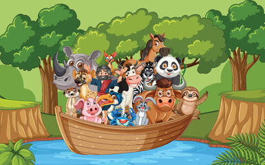 Naklejka premium Various animals together on a boat in nature