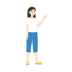 手で隣の方を指し示す女性。フラットなベクターイラスト。
Pointing woman.  Flat vector illustration.