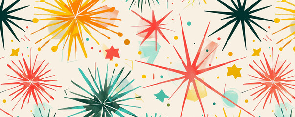 A playful mid-century modern pattern featuring stylized starbursts and geometric elements in cheerful colors.
