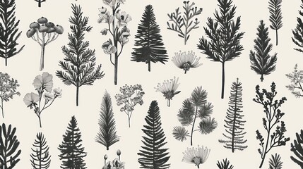 Natural illustration pattern of pine leaves and trees with botanical ornaments and flowers, black white monogram background.