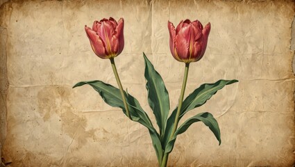 Vintage Tulips on Old Paper