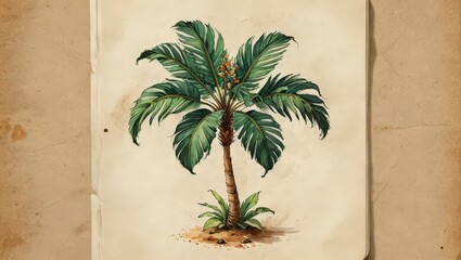 Watercolor Illustration of Palm Tree on Vintage Paper