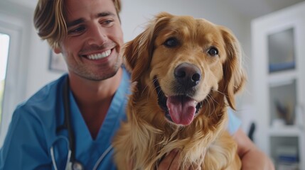 A veterinarian smiling warmly while holding a happy Golden Retriever during a check-up in a clinic setting.