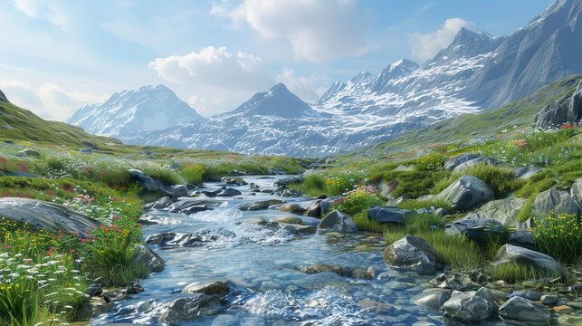 Mountain Stream A clear mountain stream flowing through a rocky landscape, Super cool and nice background, realistic photo stockphoto style