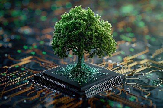 A symbolic image of a tree growing on a microchip, representing the fusion of nature and technology in a futuristic concept.