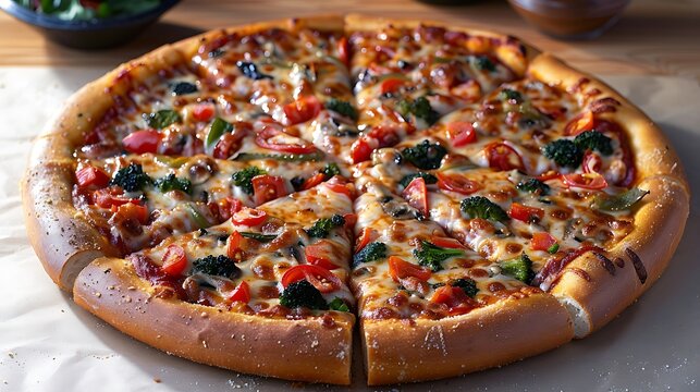 veggie lovers stuffed crust pizza cut out on an isolated simple minimalist background