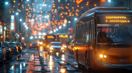 Fototapeta premium City street with bus and glowing lights in evening rain