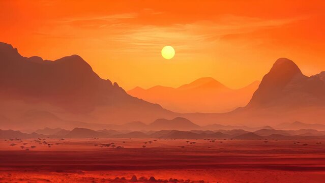 African landscape with mountains silhouettes and sunset