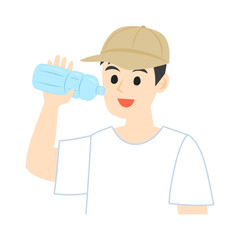 帽子をかぶり、ペットボトルの飲料を飲む男性。フラットなベクターイラスト。
Wearing a cap and drinking from a bottled beverage man.  Flat vector illustration.