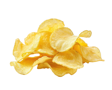 A close-up image of crispy potato chips isolated on a white background, perfect for snack-related themes and culinary visuals.